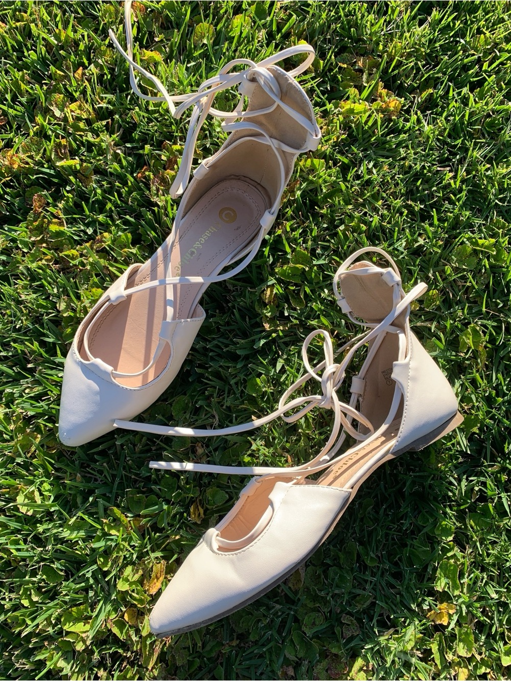 Chase + Chloe White Pointed-Toe Lace-Up Gladiator Flats